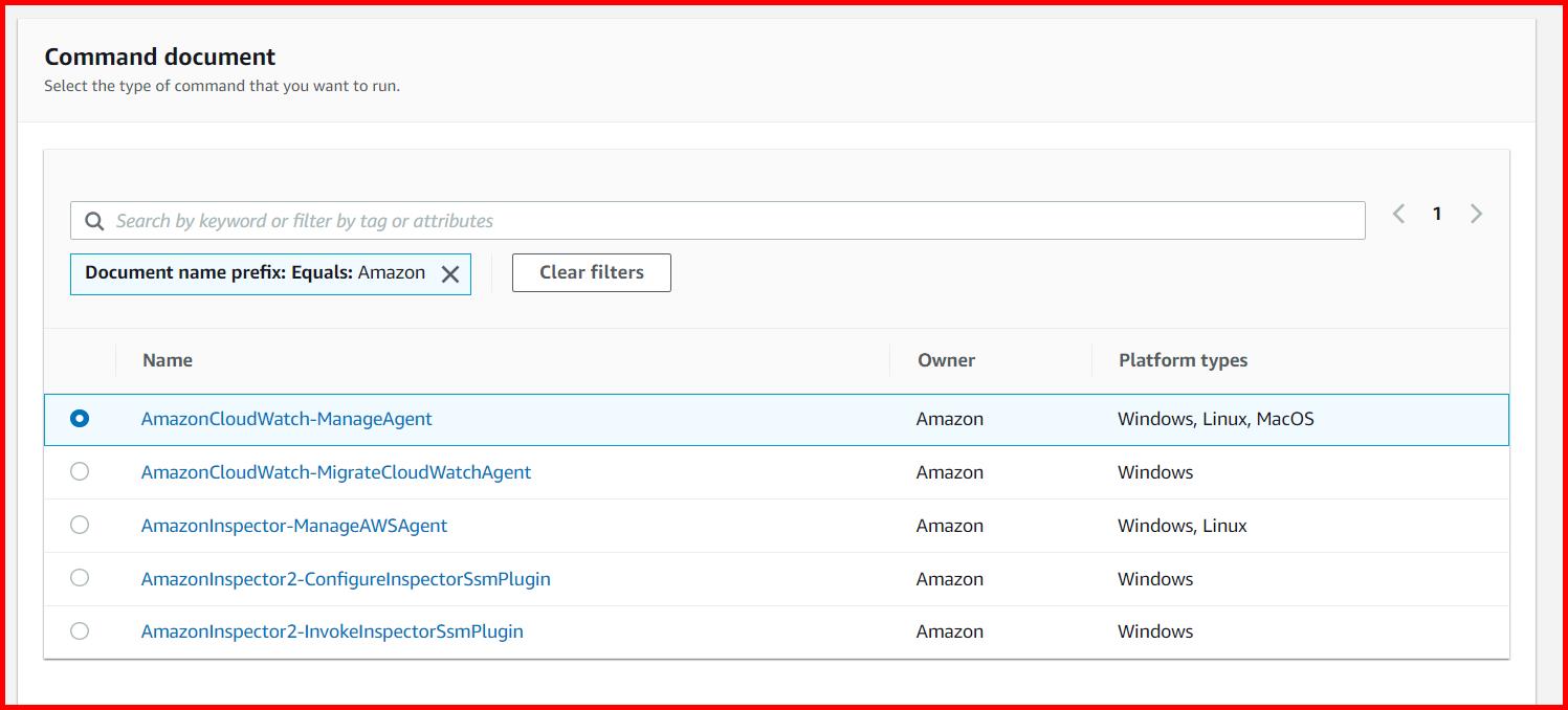Picture showing the execution of AmazonCloudWatch-ManageAgent command in system manager